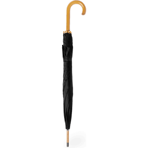 A black umbrella with a wooden handle and a metal shaft, featuring a sleek design.