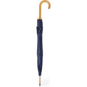 A navy umbrella with a wooden handle, featuring a classic design suitable for leisure and outdoor use.