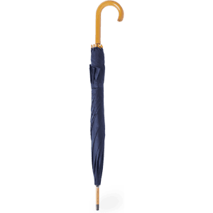A navy umbrella with a wooden handle and a curved tip. It features a simple, elegant design.