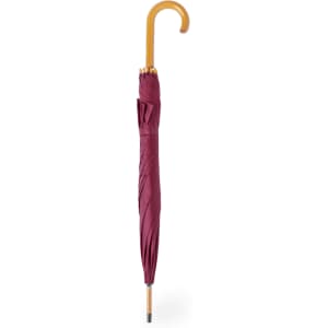 A maroon umbrella with a wooden handle, elegantly folded and featuring a branding logo.