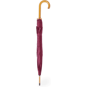 A burgundy umbrella with a curved wooden handle and a folded design, featuring a logo on the fabric.