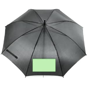 A black umbrella with a sleek design and a branding area, featuring a smooth texture and sturdy frame.