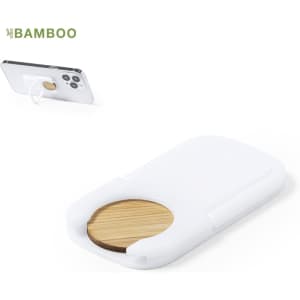 A white phone stand with a bamboo accent, designed to hold a smartphone in an upright position.