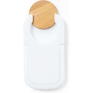A white phone stand with a circular wooden top, featuring a sleek design and a minimalistic style.