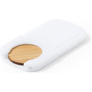 A white phone stand featuring a circular bamboo section and a smooth surface. It has a minimalist design.