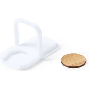 A white phone stand with a handle and a round wooden base beside it. Both items are sleek and modern in design.
