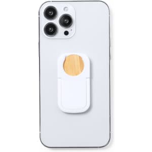 A white phone with a bamboo accent phone stand attached to its back. The stand features a round shape.