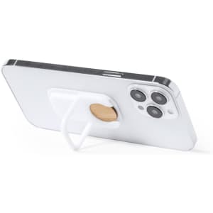 A white phone stand with a wooden accent, featuring a simple grip attachment on the back.
