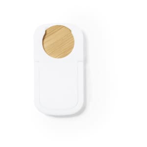 A white phone stand featuring a circular bamboo accent, designed for holding mobile devices securely.