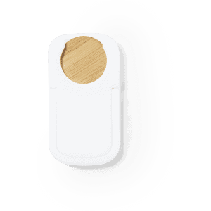 A phone stand featuring a white base and a circular bamboo top, with a smooth, modern design.