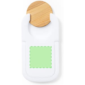 A white phone stand with a wooden disc at the top and a green section at the bottom. It features a logo.