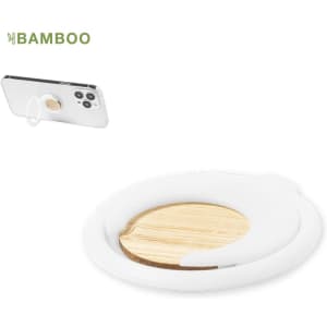 A white phone stand with a bamboo base, featuring a circular design and a branding logo.
