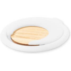 A white phone stand with a circular design and a wooden base. It features a logo on the surface.