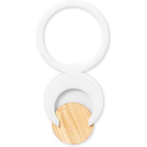 A white Pashel Holder with a bamboo base, designed as a phone stand. It features a circular shape and has a logo.