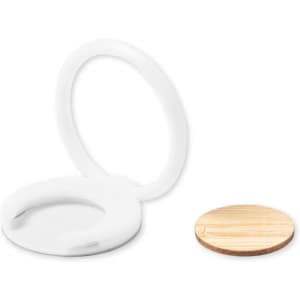 A white Pashel Holder phone stand next to a round wooden base, featuring a simple, modern design.