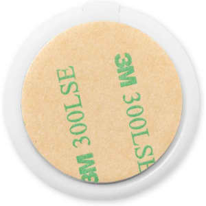 A circular phone holder in white with a sticky backing. It features a brown paper layer.