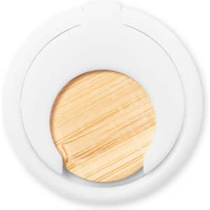A round phone stand with a white outer casing and a light wooden centre piece, featuring a logo.