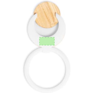 A phone stand with a bamboo circular top and a white base, designed for holding devices securely.