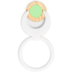 A white phone stand with a circular wooden base and a green accent, designed for holding mobile devices.