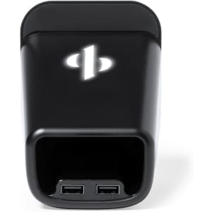 A black multifunction pencil holder with dual USB ports and a logo on the front.