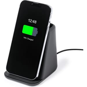 A black multifunction pencil holder with a wireless charging phone dock displaying a battery charge indicator.