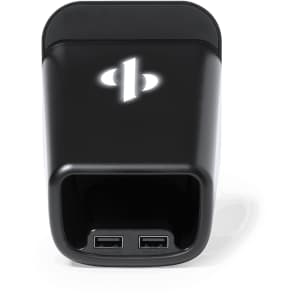 A black multifunction pencil holder with two USB ports and a logo on the front.