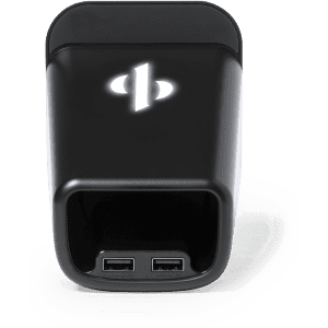 A black multifunction pencil holder with two USB ports, featuring a logo on the front.