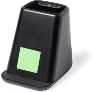 A black multifunction pencil holder with two USB ports and a flat base, featuring a blank green area.