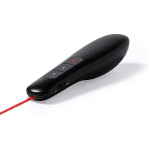 A black laser pointer featuring buttons and a red laser beam extending from the side.