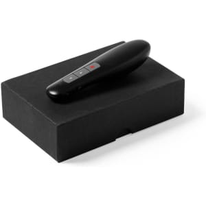 A black laser pointer rests on a black box, featuring buttons for operation. The design is sleek and modern.