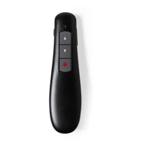 A black laser pointer with three buttons, including an indication light, on a white background.