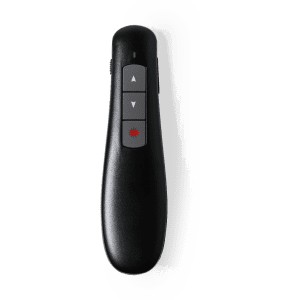 A black laser pointer with buttons for navigation and a visible laser light feature.