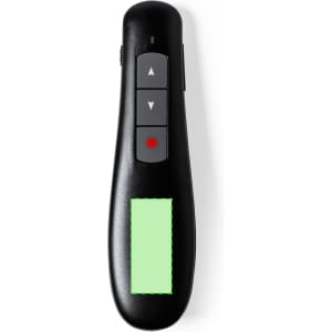 A black laser pointer with buttons for up, down, and a red laser dot. It features a blank green panel for branding.