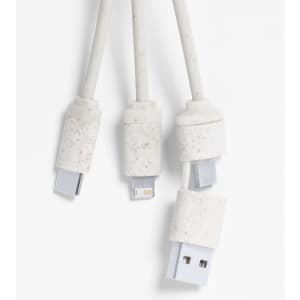 A charging cable in white with multiple connectors, featuring a logo on the plugs.