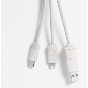 A charging cable in grey with three connectors: USB, USB-C, and Lightning. It features a logo on the connectors.