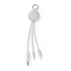 A grey Dumof charging cable with a keyring attachment and three connectors for various devices.