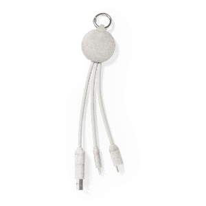 A grey Dumof charging cable with three connectors attached to a round keyring.
