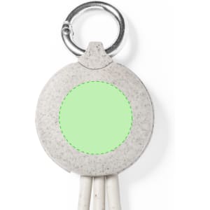 A round, grey charging cable organiser with a green section and a metal keyring attachment.