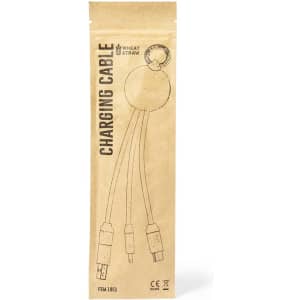 A charging cable packaged in a brown, eco-friendly sleeve, featuring multiple connectors and a circular keychain design.