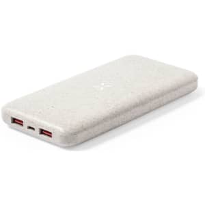 A grey power bank with two USB ports, featuring a minimalist design and a logo.