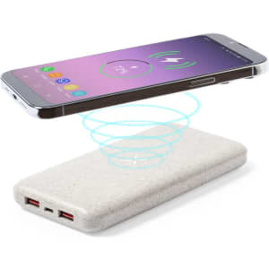 A power bank in grey with two USB ports and a smartphone wirelessly charging above it.