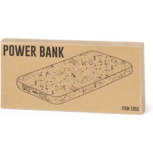 A rectangular power bank in a textured brown packaging with a simple design and multiple ports. It features a logo.