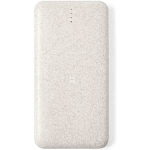 A light grey power bank with a textured finish and a logo, featuring three indicator lights.