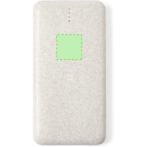 A light grey power bank with a square area and a logo, designed for charging phones and devices.