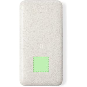 A power bank in a light grey colour with a green square and a logo on its surface.
