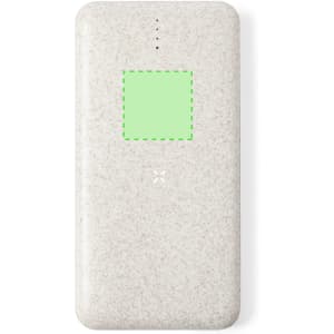 A light grey power bank with a square area in the centre, featuring a logo and five indicator lights.