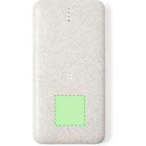 A power bank in a light grey colour with a branding logo and indicator lights on the surface.