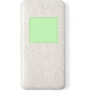 A grey power bank with a textured surface and a logo, featuring a rectangular section in the centre.