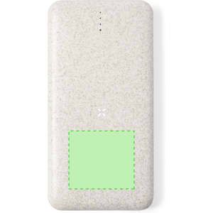 A grey power bank with a textured surface, featuring a branding logo and indicator lights at the top.