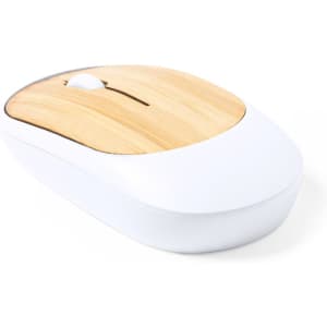 A computer mouse with a bamboo top and a white base, featuring a scroll wheel and a sleek design.